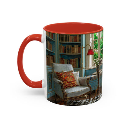 Cozy Reading Nook Coffee Mug — Vintage Library Window Scene Accent Mug