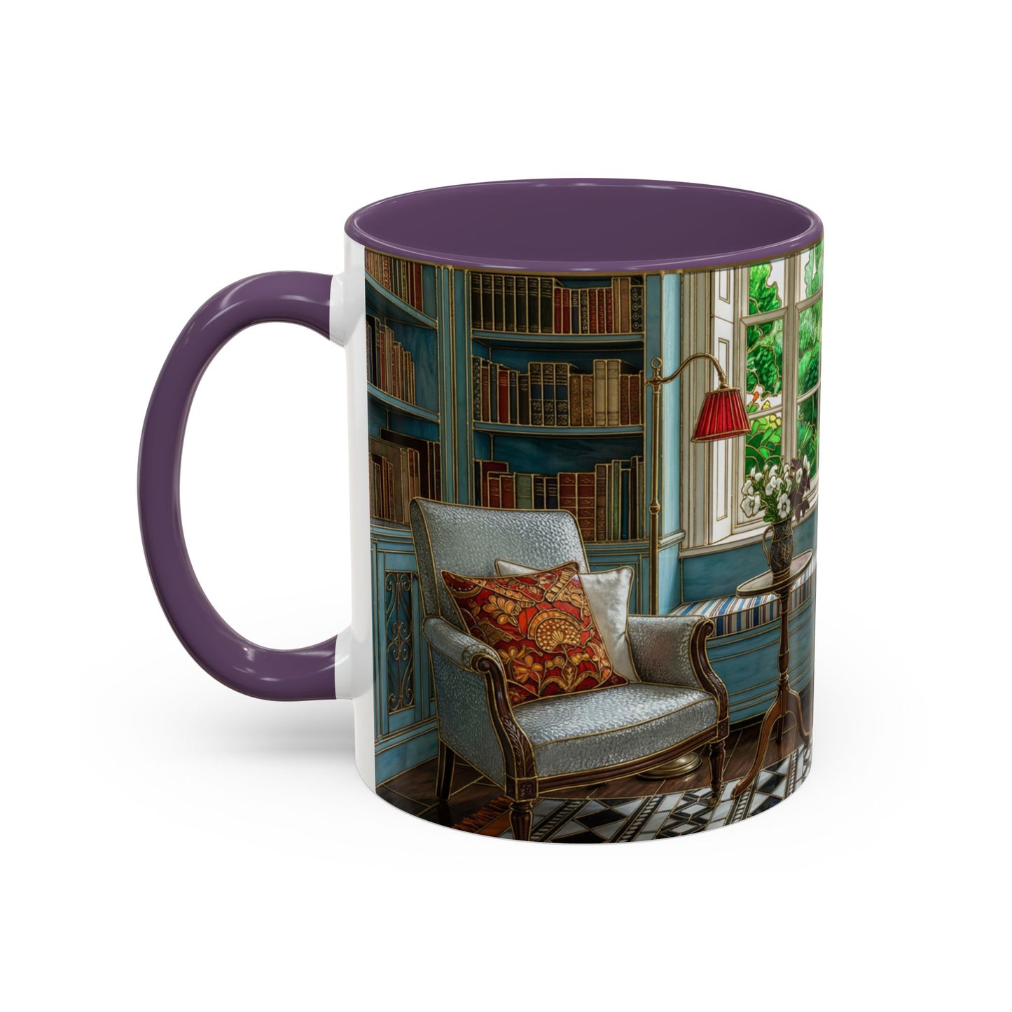 Cozy Reading Nook Coffee Mug — Vintage Library Window Scene Accent Mug