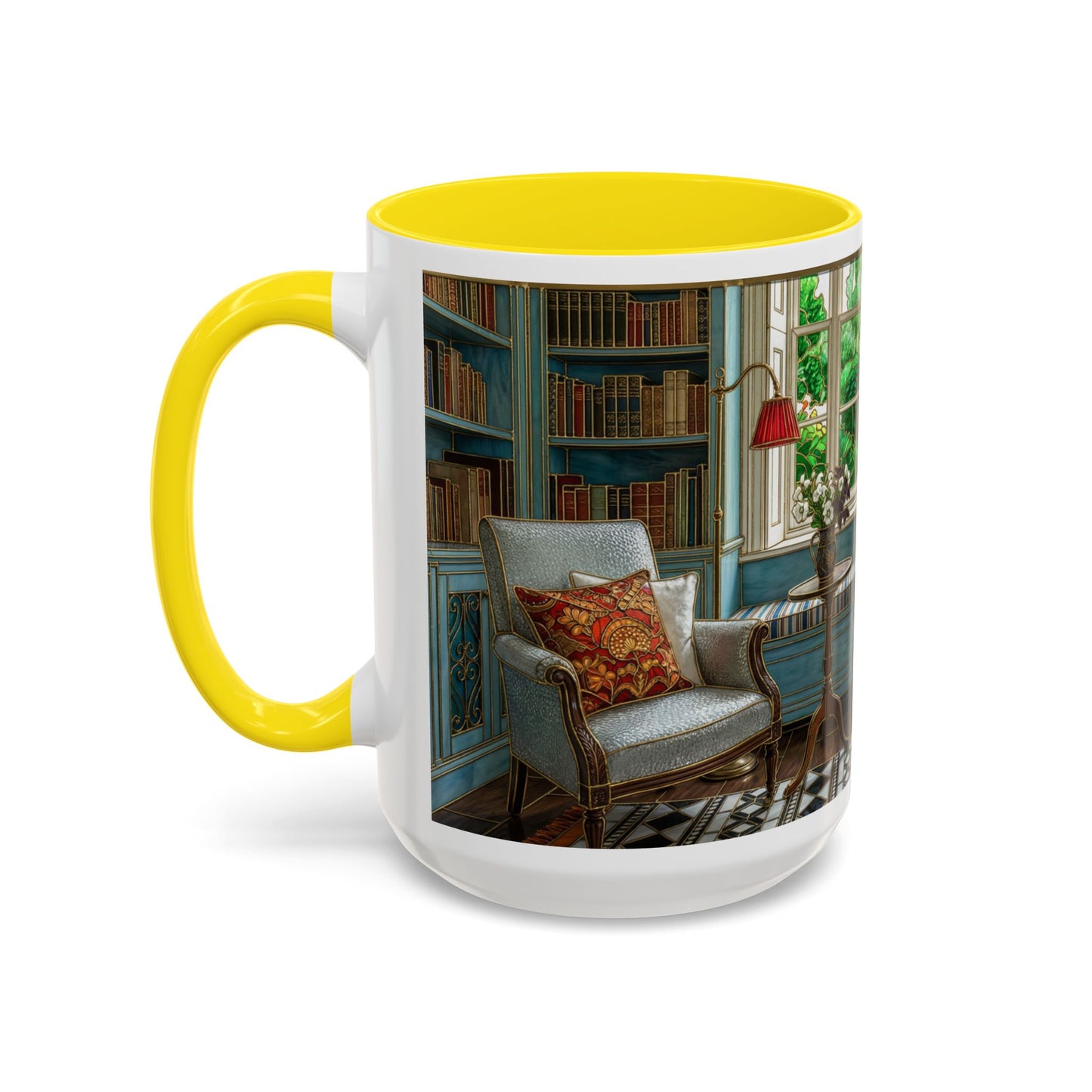 Cozy Reading Nook Coffee Mug — Vintage Library Window Scene Accent Mug