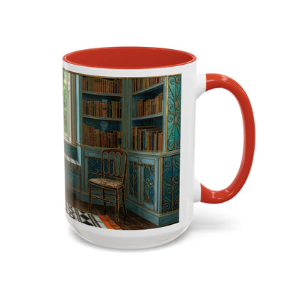 Cozy Reading Nook Coffee Mug — Vintage Library Window Scene Accent Mug