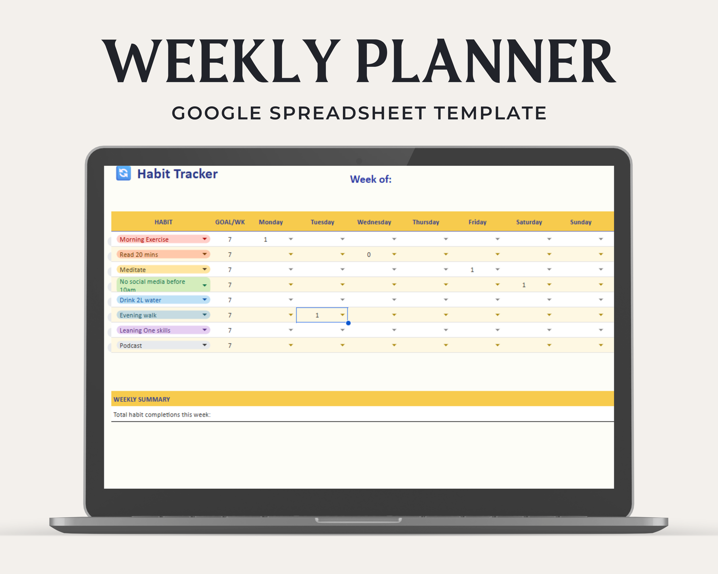 Weekly Planner Google sheets | ADHD Planner & Productivity Tracker | Digital download