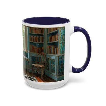 Cozy Reading Nook Coffee Mug — Vintage Library Window Scene Accent Mug