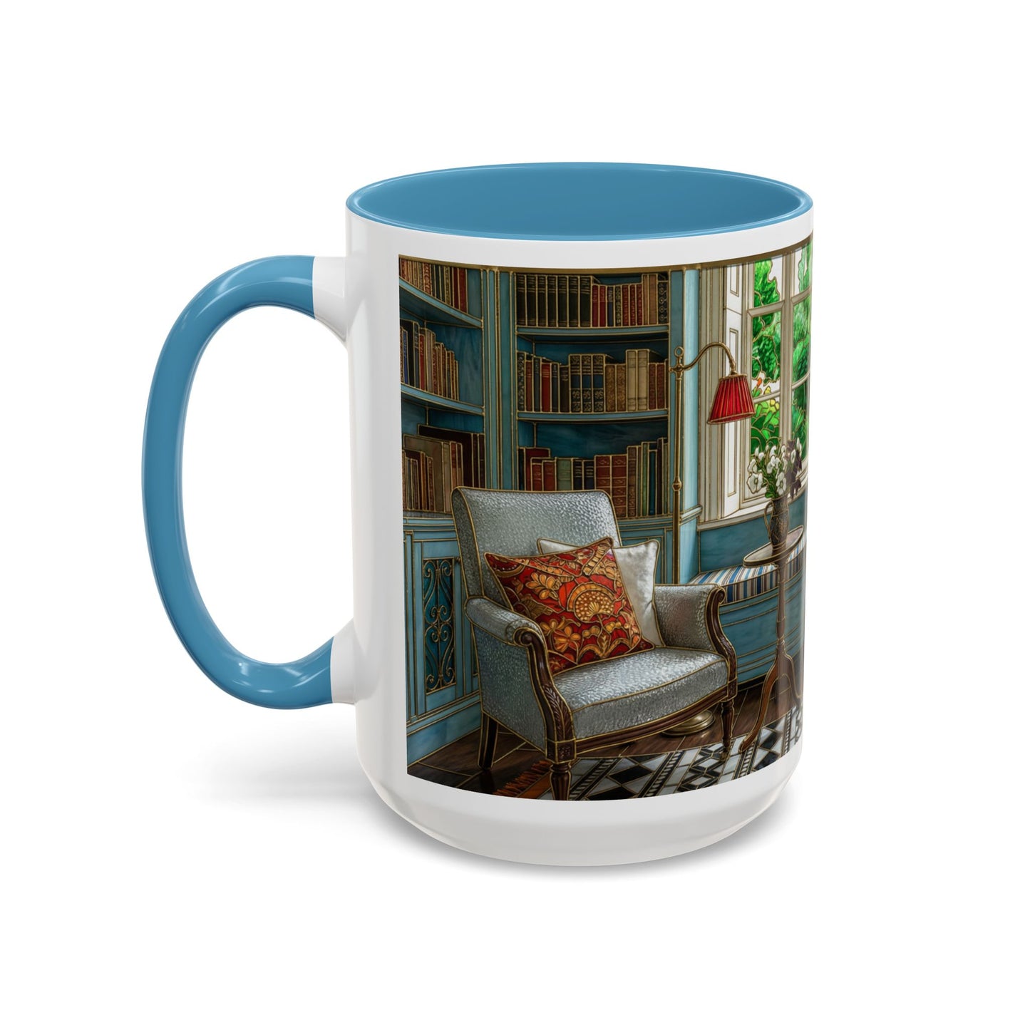Cozy Reading Nook Coffee Mug — Vintage Library Window Scene Accent Mug