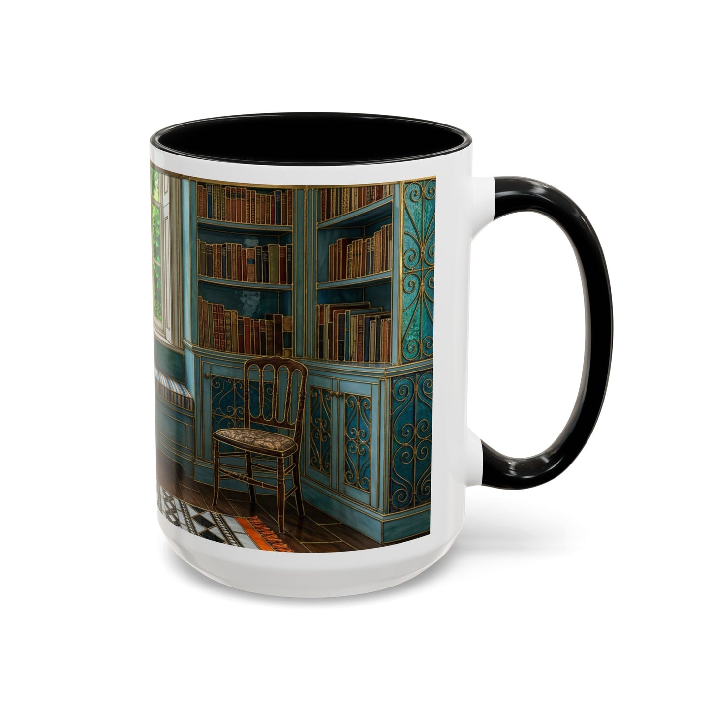 Cozy Reading Nook Coffee Mug — Vintage Library Window Scene Accent Mug