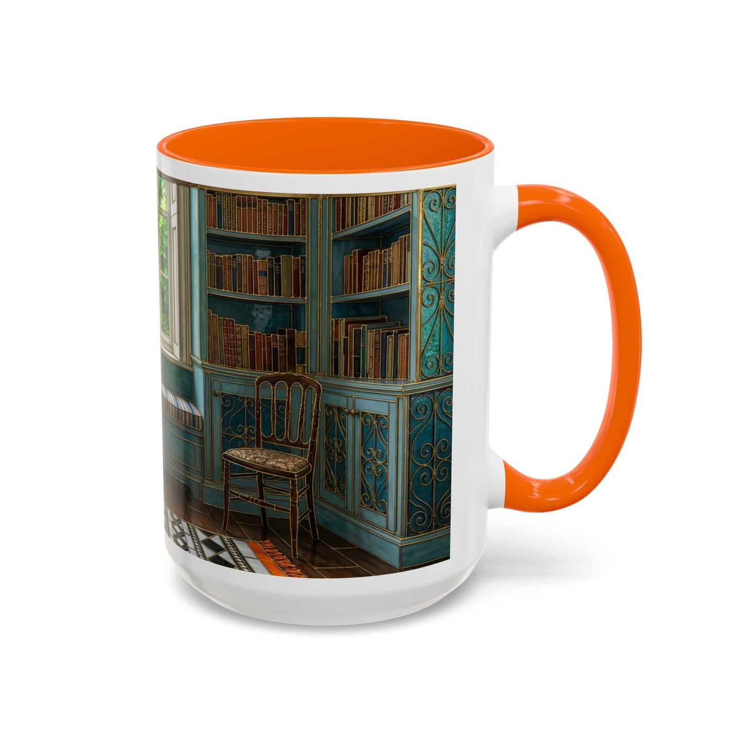 Cozy Reading Nook Coffee Mug — Vintage Library Window Scene Accent Mug