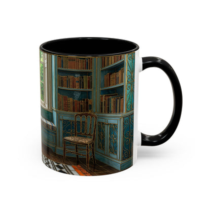 Cozy Reading Nook Coffee Mug — Vintage Library Window Scene Accent Mug