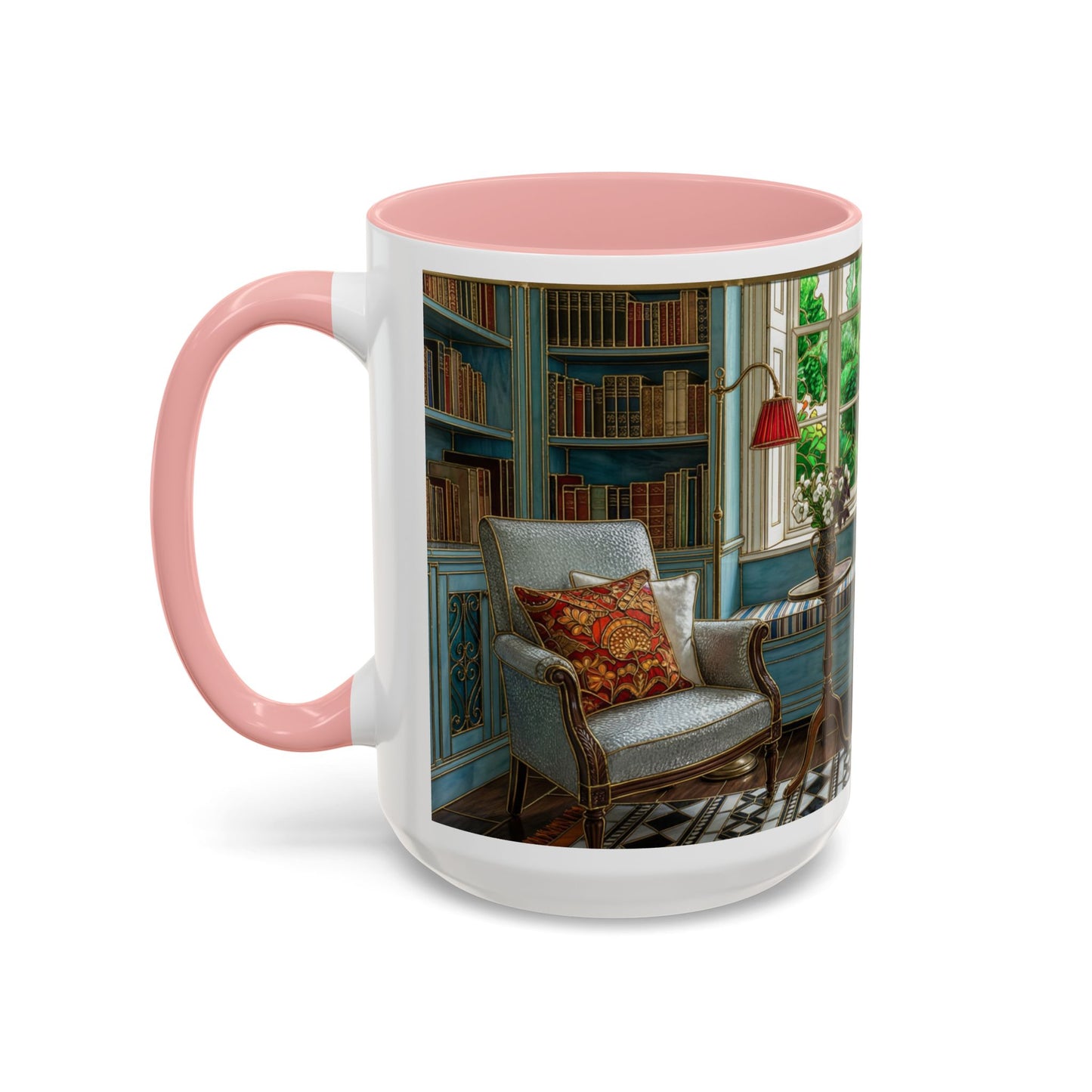 Cozy Reading Nook Coffee Mug — Vintage Library Window Scene Accent Mug