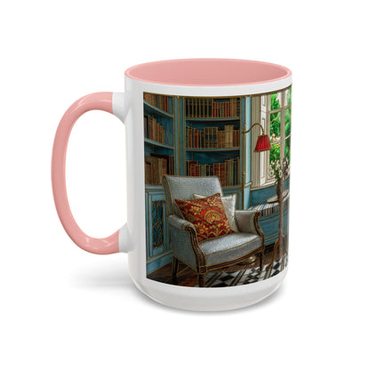 Cozy Reading Nook Coffee Mug — Vintage Library Window Scene Accent Mug