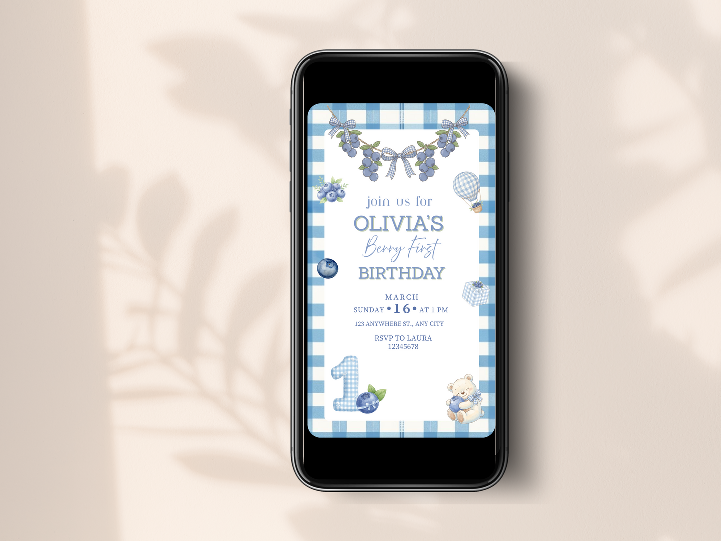 Blueberry First Birthday Invitation | Berry Theme Birthday Invite | Editable & Printable | Mobile Friendly | Gender Neutral
