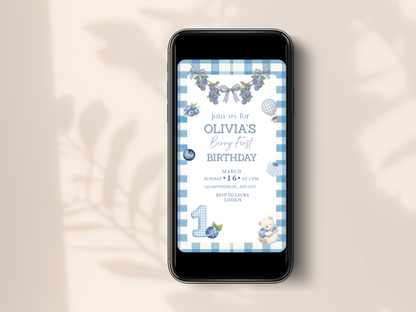 Blueberry First Birthday Invitation | Berry Theme Birthday Invite | Editable & Printable | Mobile Friendly | Gender Neutral