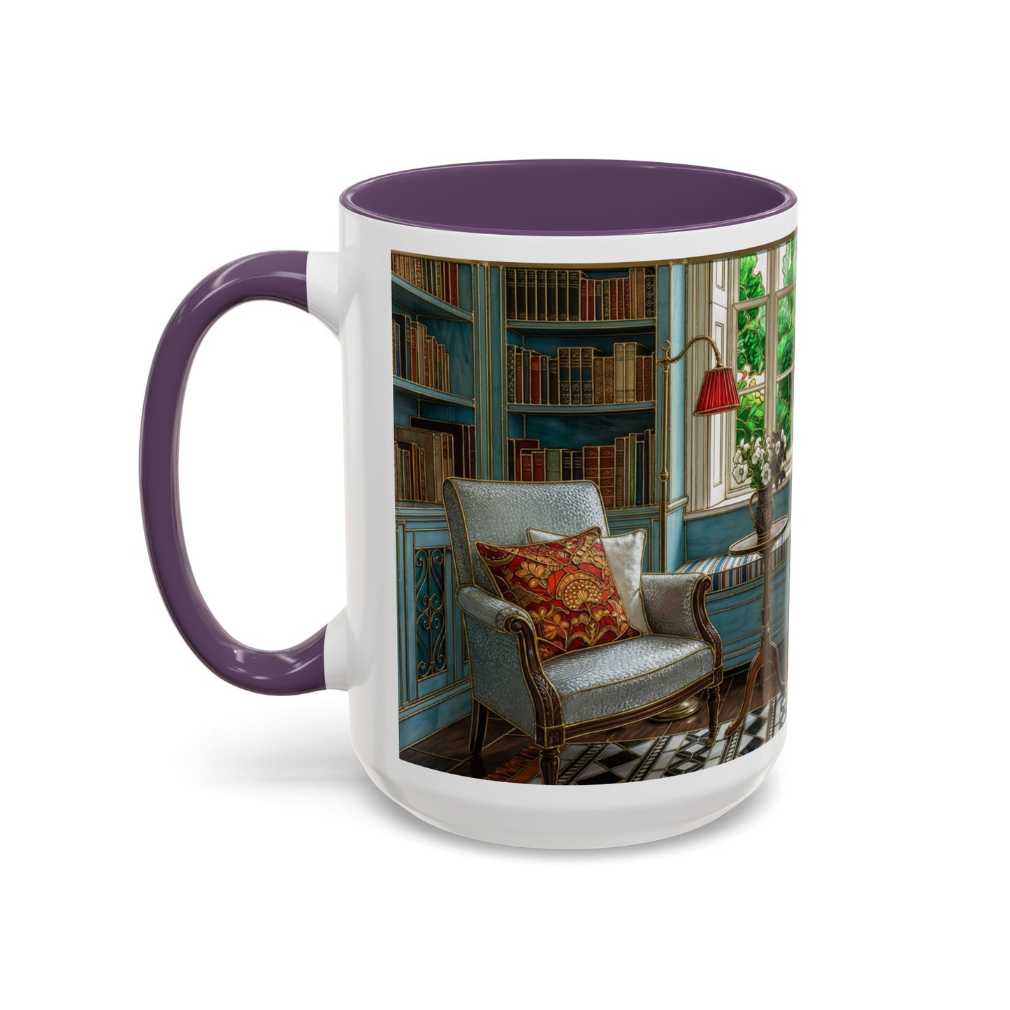 Cozy Reading Nook Coffee Mug — Vintage Library Window Scene Accent Mug