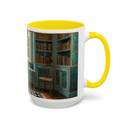 Cozy Reading Nook Coffee Mug — Vintage Library Window Scene Accent Mug
