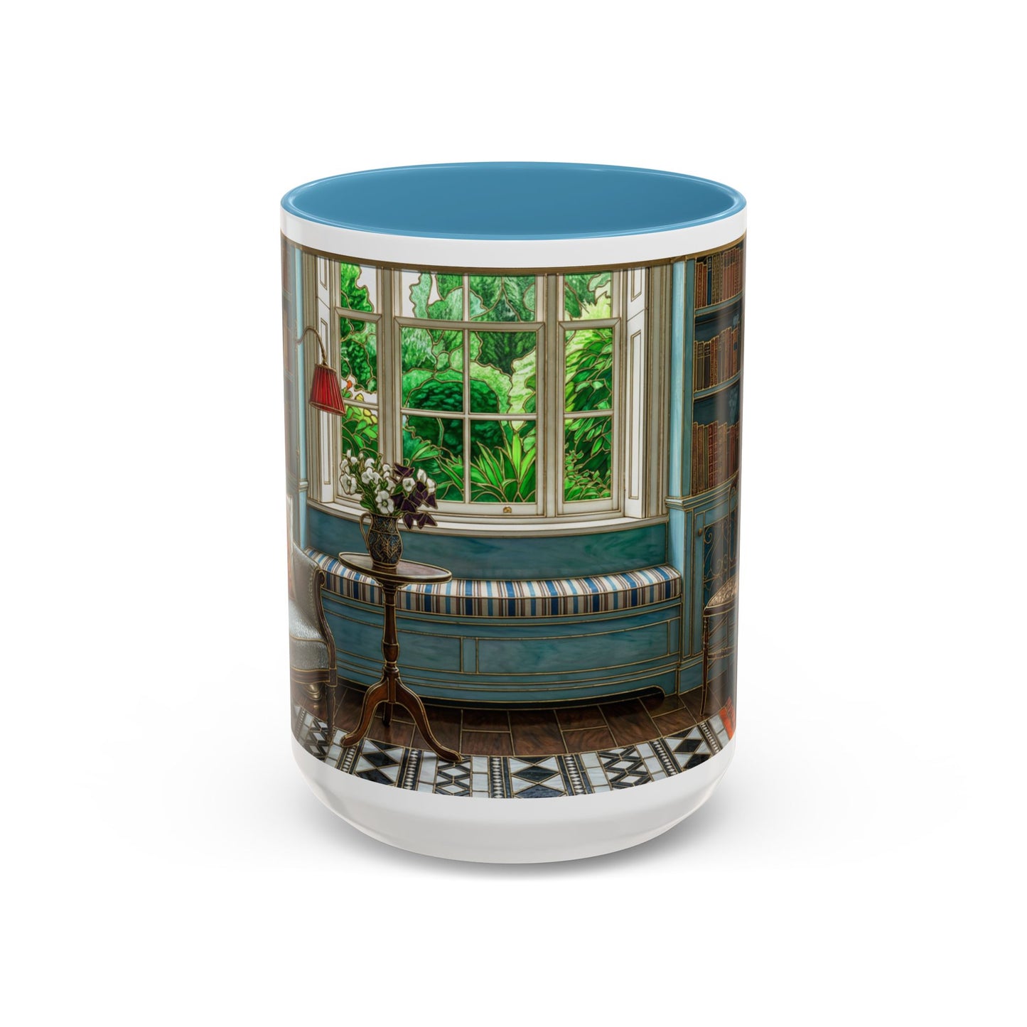 Cozy Reading Nook Coffee Mug — Vintage Library Window Scene Accent Mug