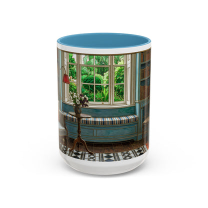 Cozy Reading Nook Coffee Mug — Vintage Library Window Scene Accent Mug