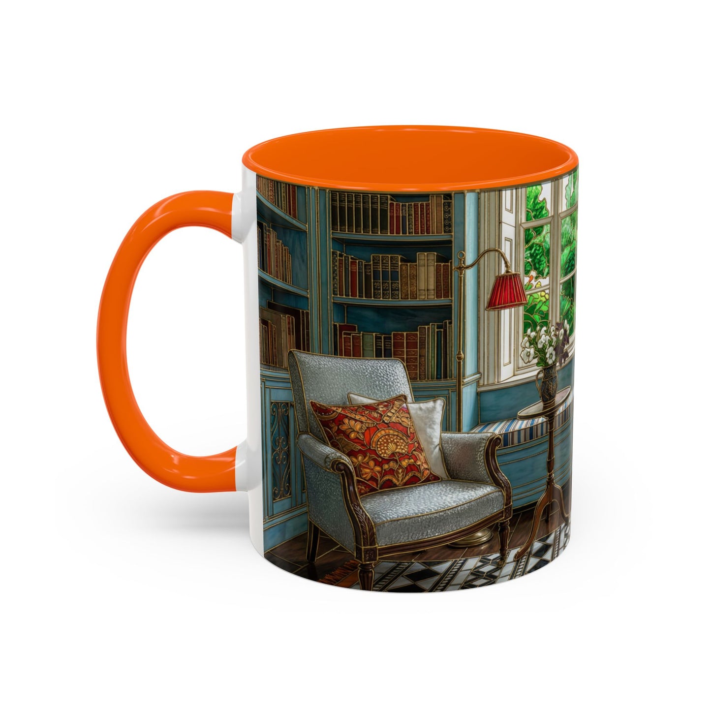 Cozy Reading Nook Coffee Mug — Vintage Library Window Scene Accent Mug