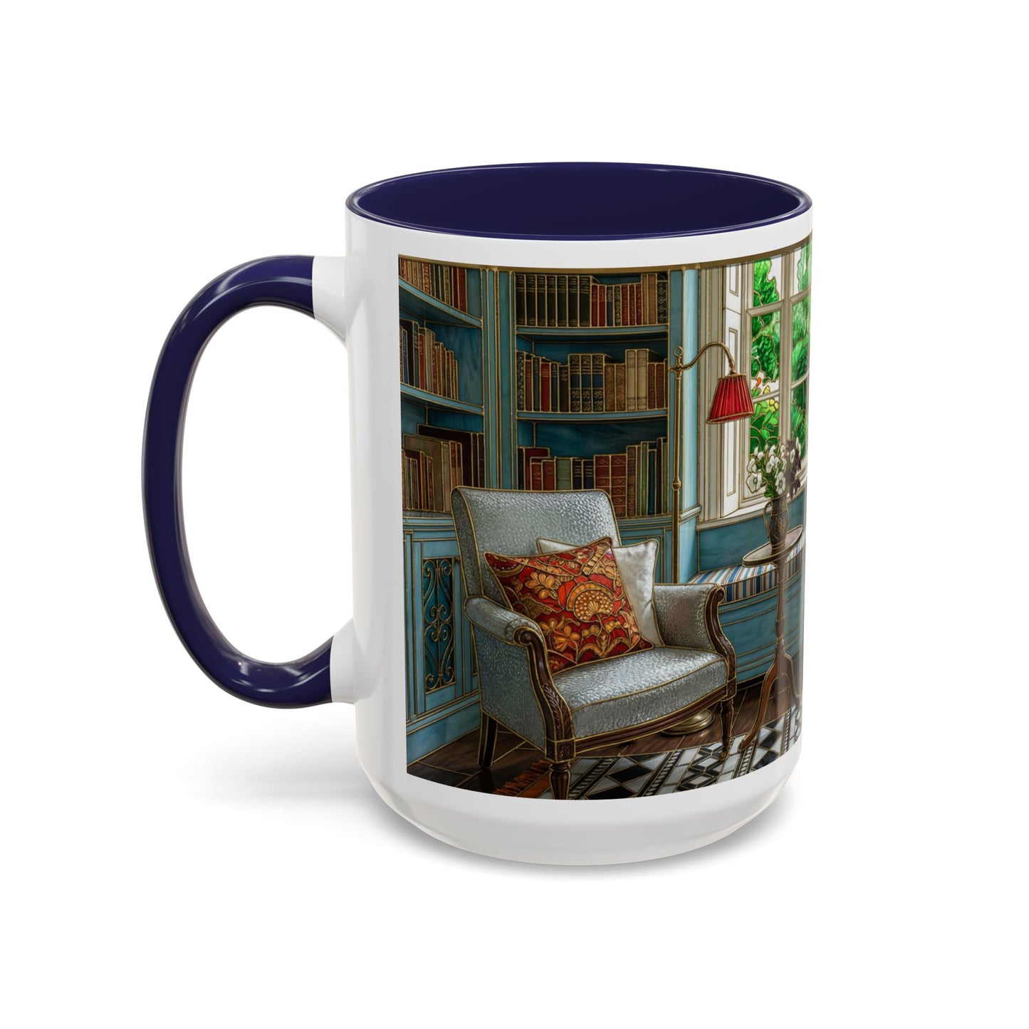 Cozy Reading Nook Coffee Mug — Vintage Library Window Scene Accent Mug