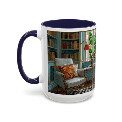 Cozy Reading Nook Coffee Mug — Vintage Library Window Scene Accent Mug