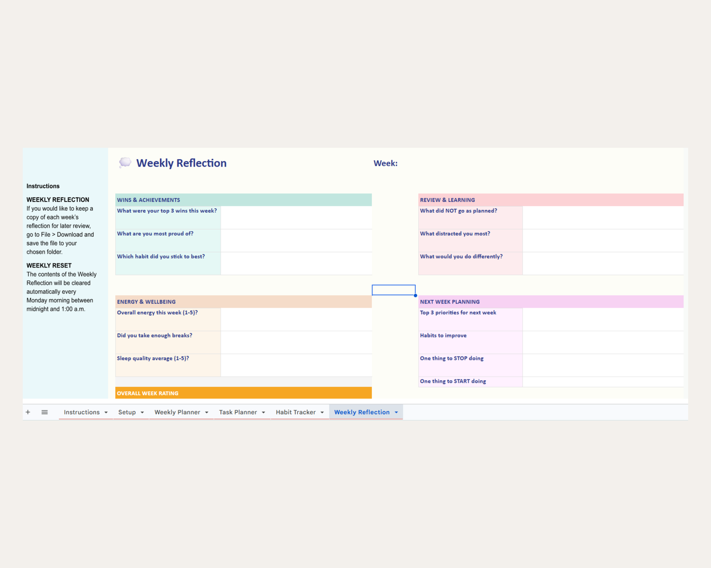 Weekly Planner Google sheets | ADHD Planner & Productivity Tracker | Digital download