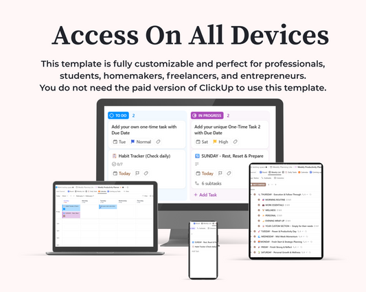 ClickUp Weekly Planner Template | Digital Productivity Organizer | Task Manager | Daily Habit Tracker | Editable