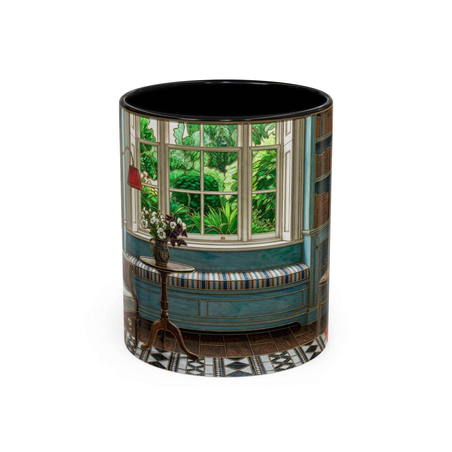 Cozy Reading Nook Coffee Mug — Vintage Library Window Scene Accent Mug