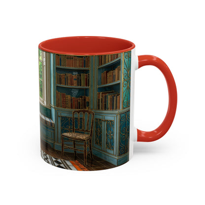 Cozy Reading Nook Coffee Mug — Vintage Library Window Scene Accent Mug