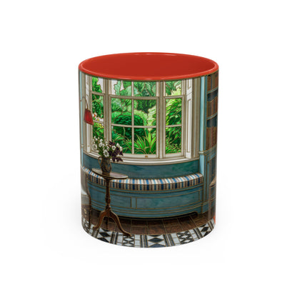 Cozy Reading Nook Coffee Mug — Vintage Library Window Scene Accent Mug