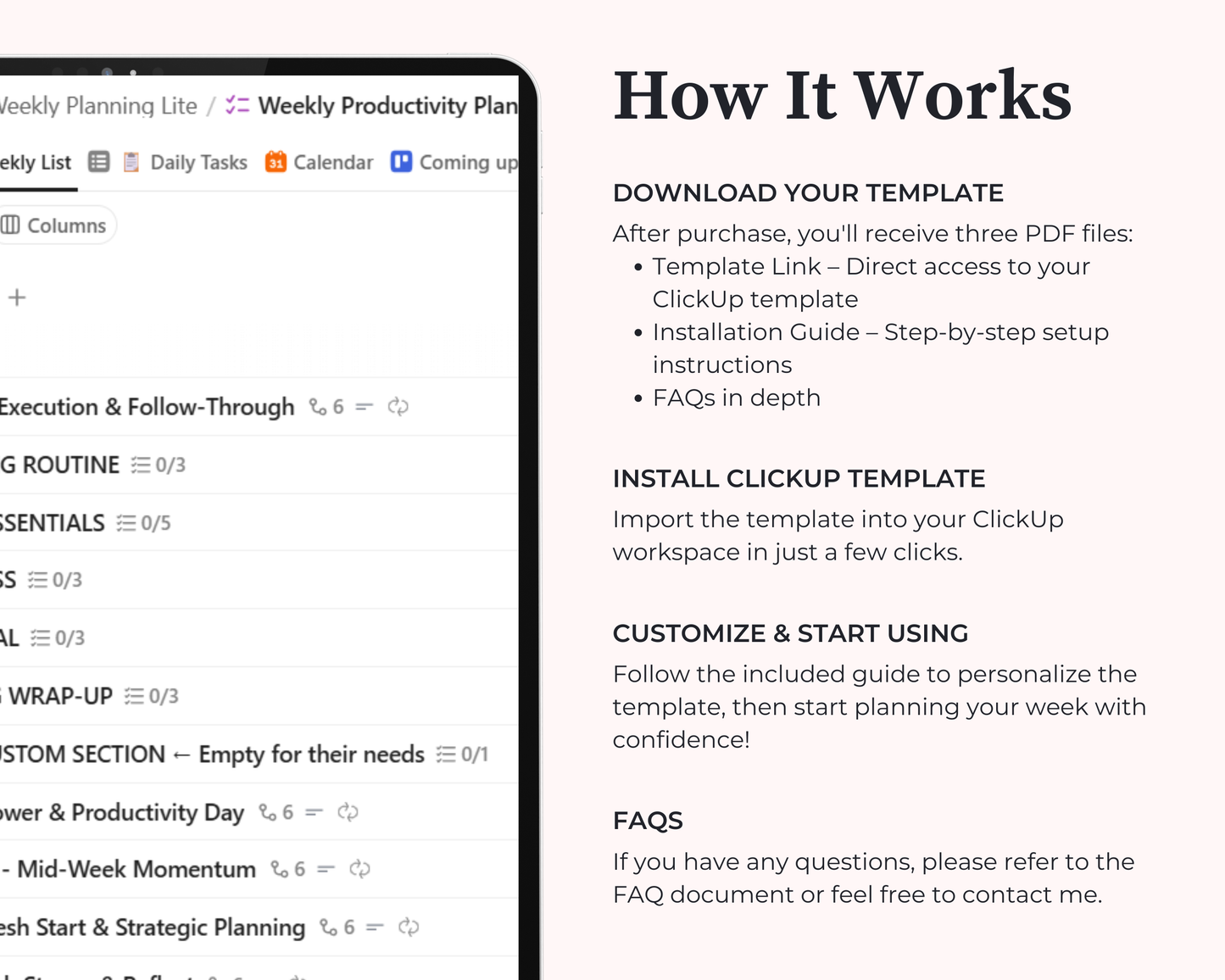 ClickUp Weekly Planner Template | Digital Productivity Organizer | Task Manager | Daily Habit Tracker | Editable