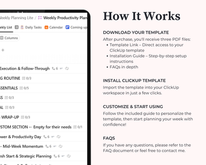 ClickUp Weekly Planner Template | Digital Productivity Organizer | Task Manager | Daily Habit Tracker | Editable