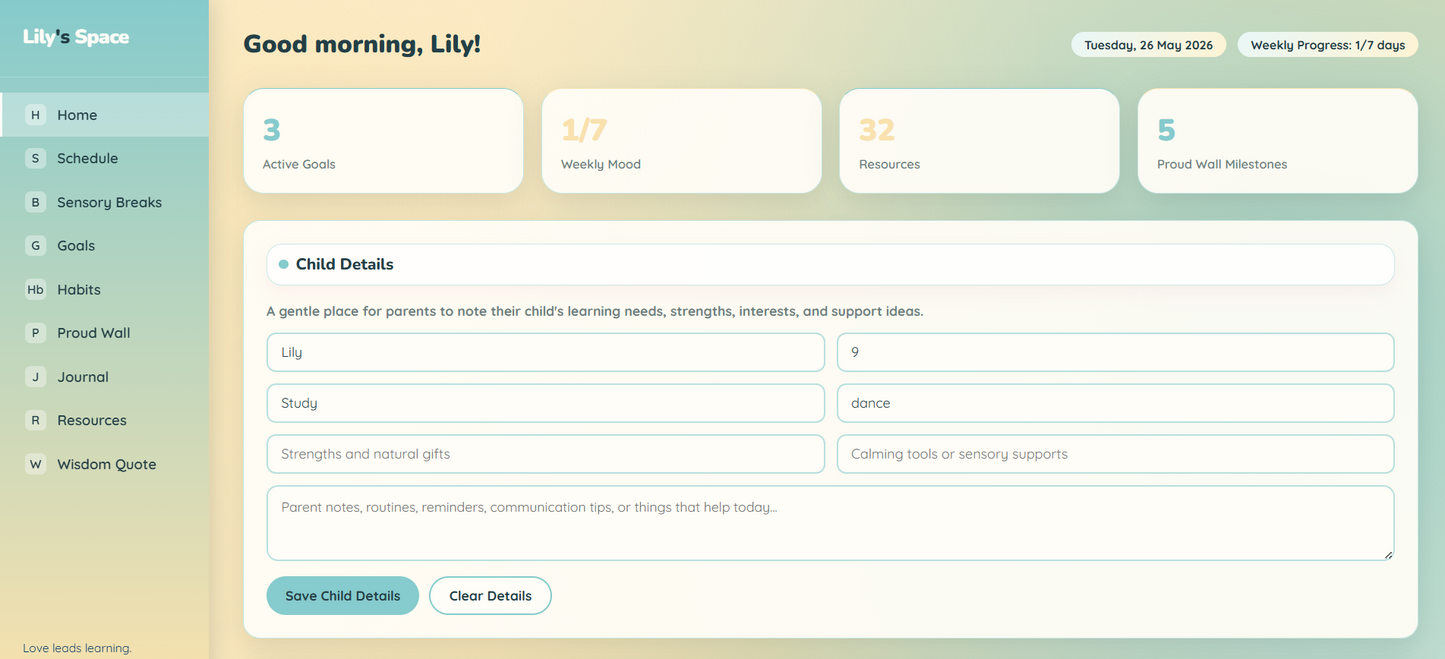 Interactive Kids Study Planner for Autistic & Neurodivergent Children | Homeschool Dashboard | Mood, Goals, Sensory Breaks & Learning Resources