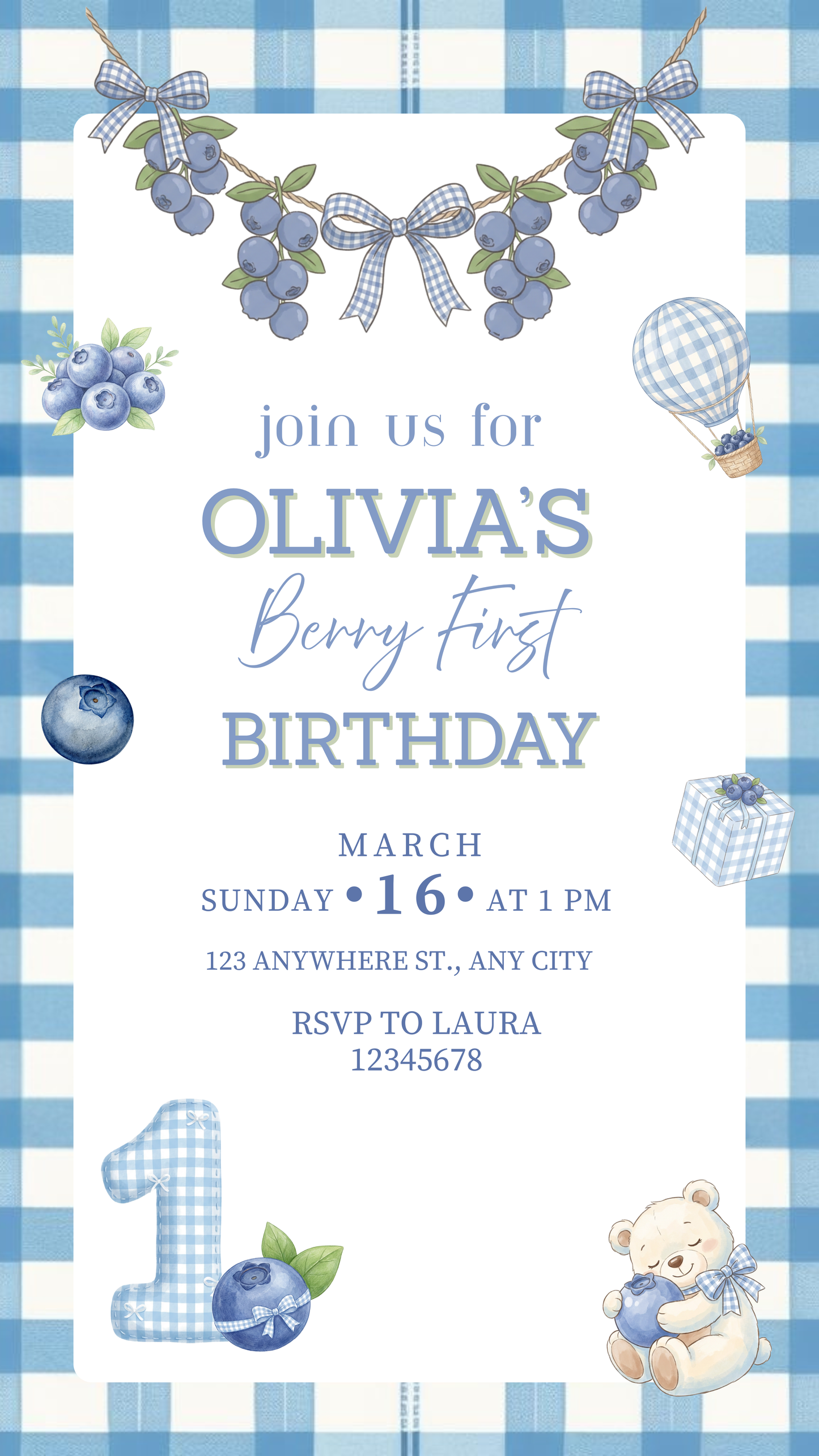 Blueberry First Birthday Invitation | Berry Theme Birthday Invite | Editable & Printable | Mobile Friendly | Gender Neutral
