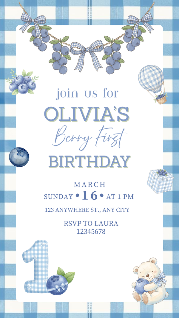Blueberry First Birthday Invitation | Berry Theme Birthday Invite | Editable & Printable | Mobile Friendly | Gender Neutral