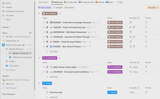 ClickUp Weekly Planner Template | Digital Productivity Organizer | Task Manager | Daily Habit Tracker | Editable